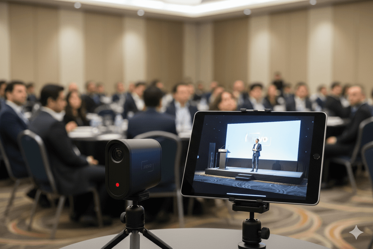 Mevo camera and iPad monitoring a corporate conference live stream