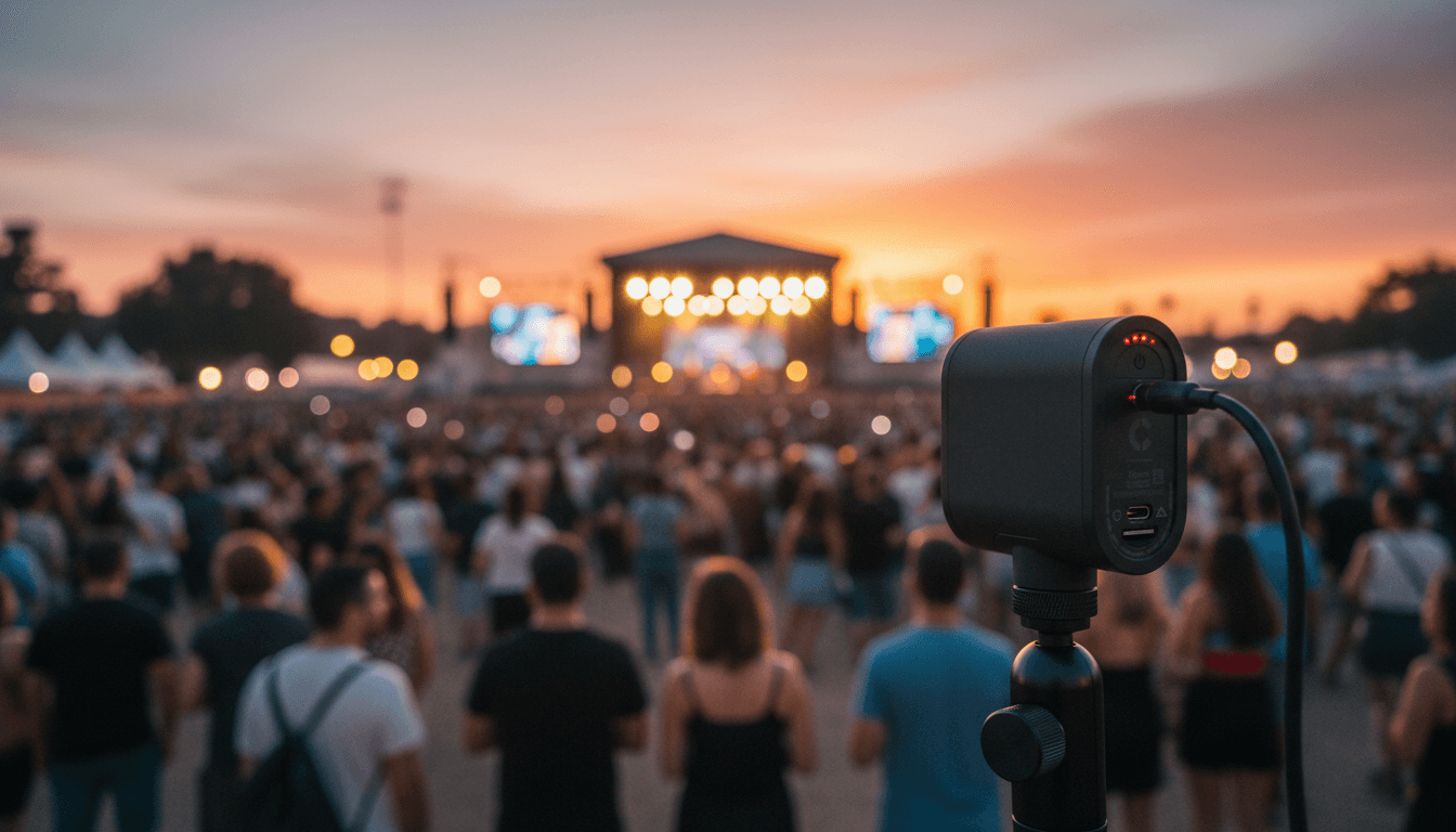 Mevo camera streaming outdoor music festival at sunset with crowd