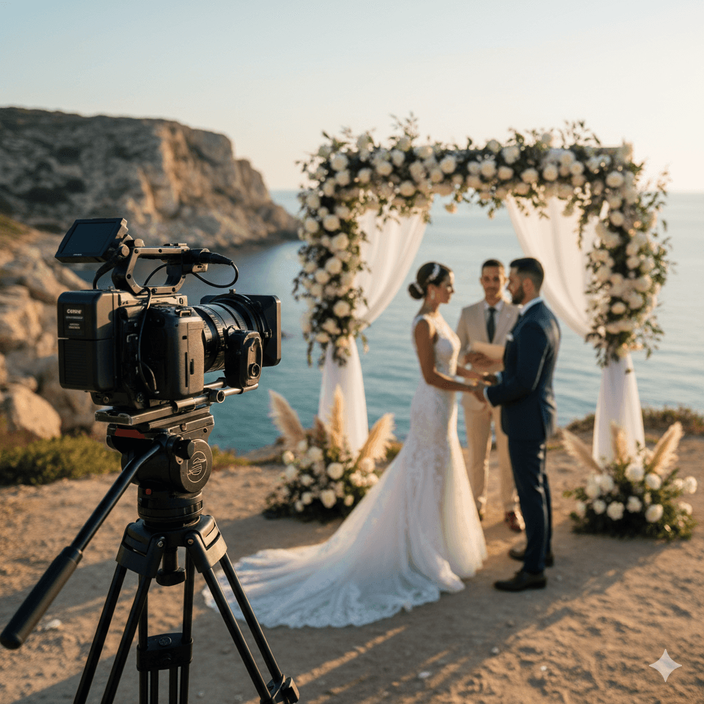Professional camera on tripod filming cliffside ceremony in Cyprus
