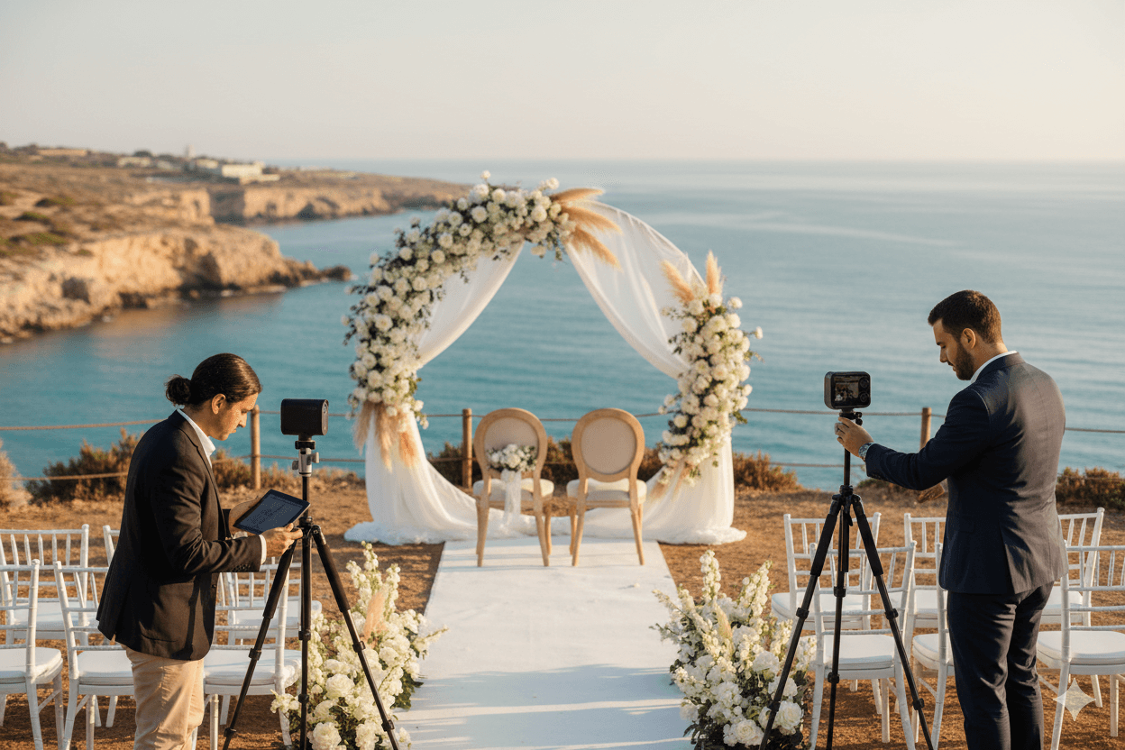 Professional livestream camera setup at a Cyprus wedding venue