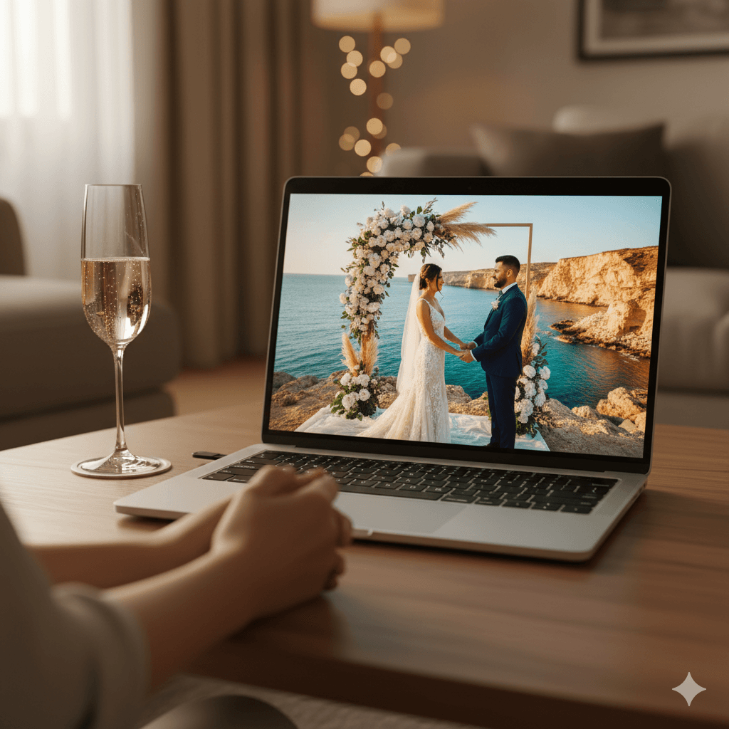 Person watching wedding stream on laptop