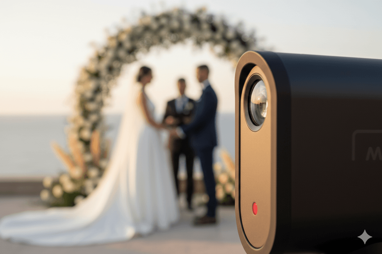 Close-up of camera lens with wedding arch behind