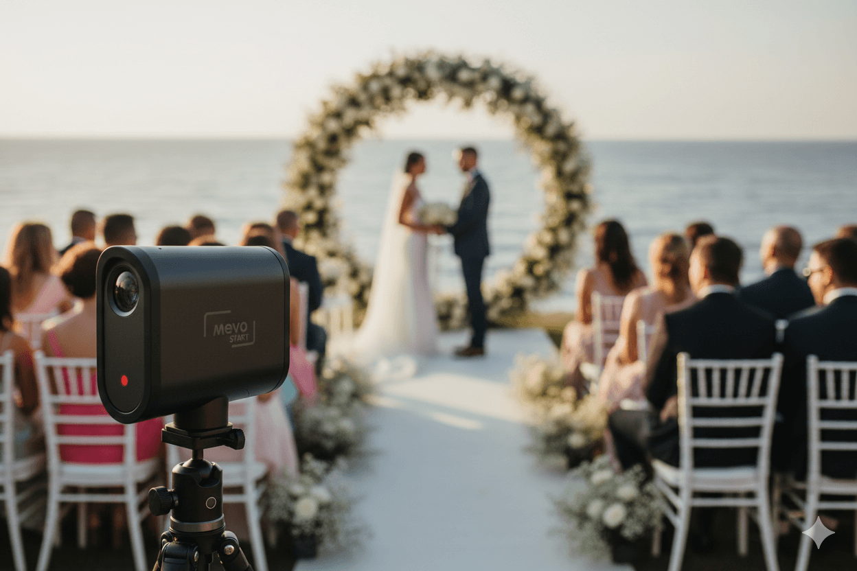 Mevo camera on tripod at wedding ceremony