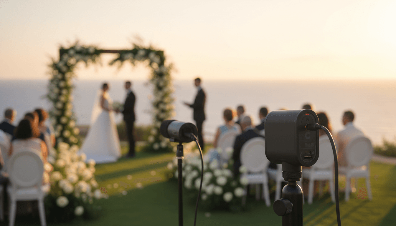 Camera and microphone setup at outdoor wedding