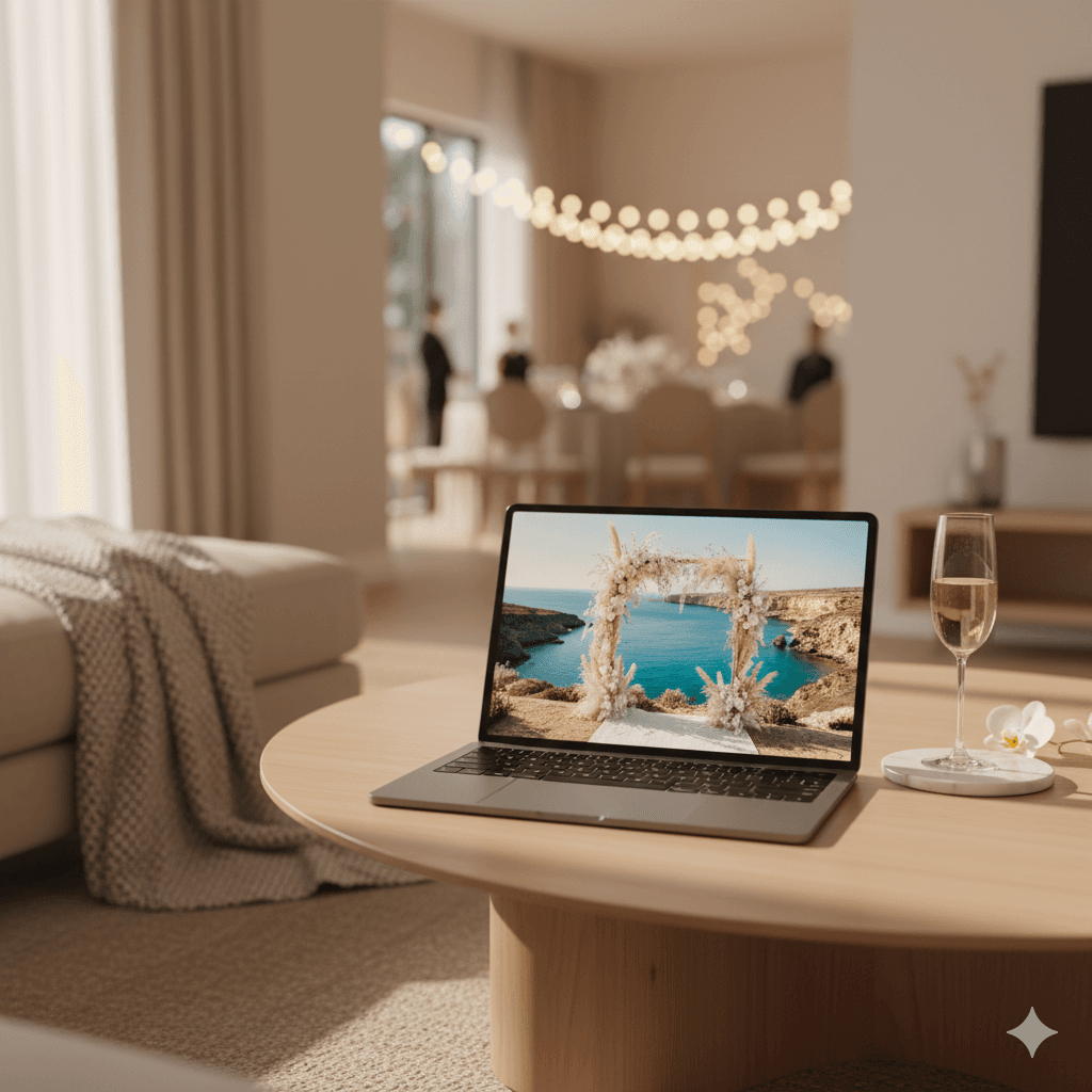 Laptop on a coffee table showing a live wedding stream