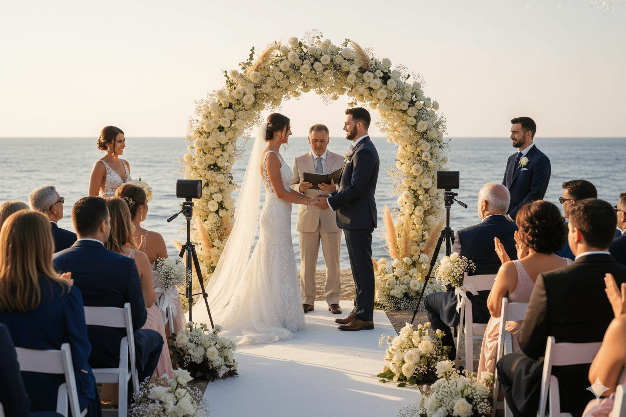 Cyprus seaside wedding ceremony with dual cameras and floral arch at sunset